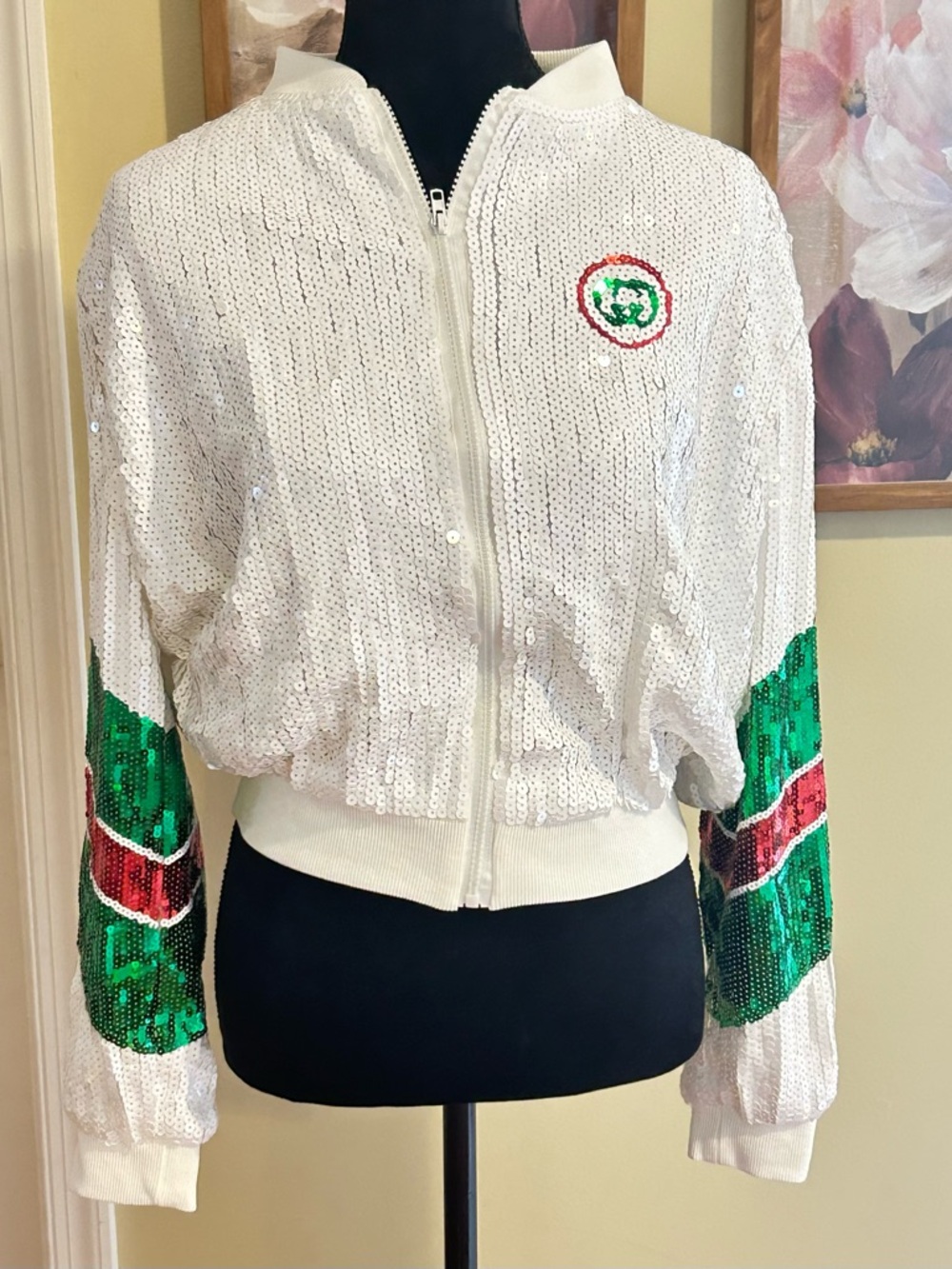 White Sequin Zip-Front Bomber Jacket with Green and Red Accent